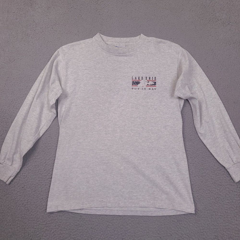 Vintage Lake Erie Put In Bay Ohio T-Shirt Mens Medium Gray Long Sleeve All Sport